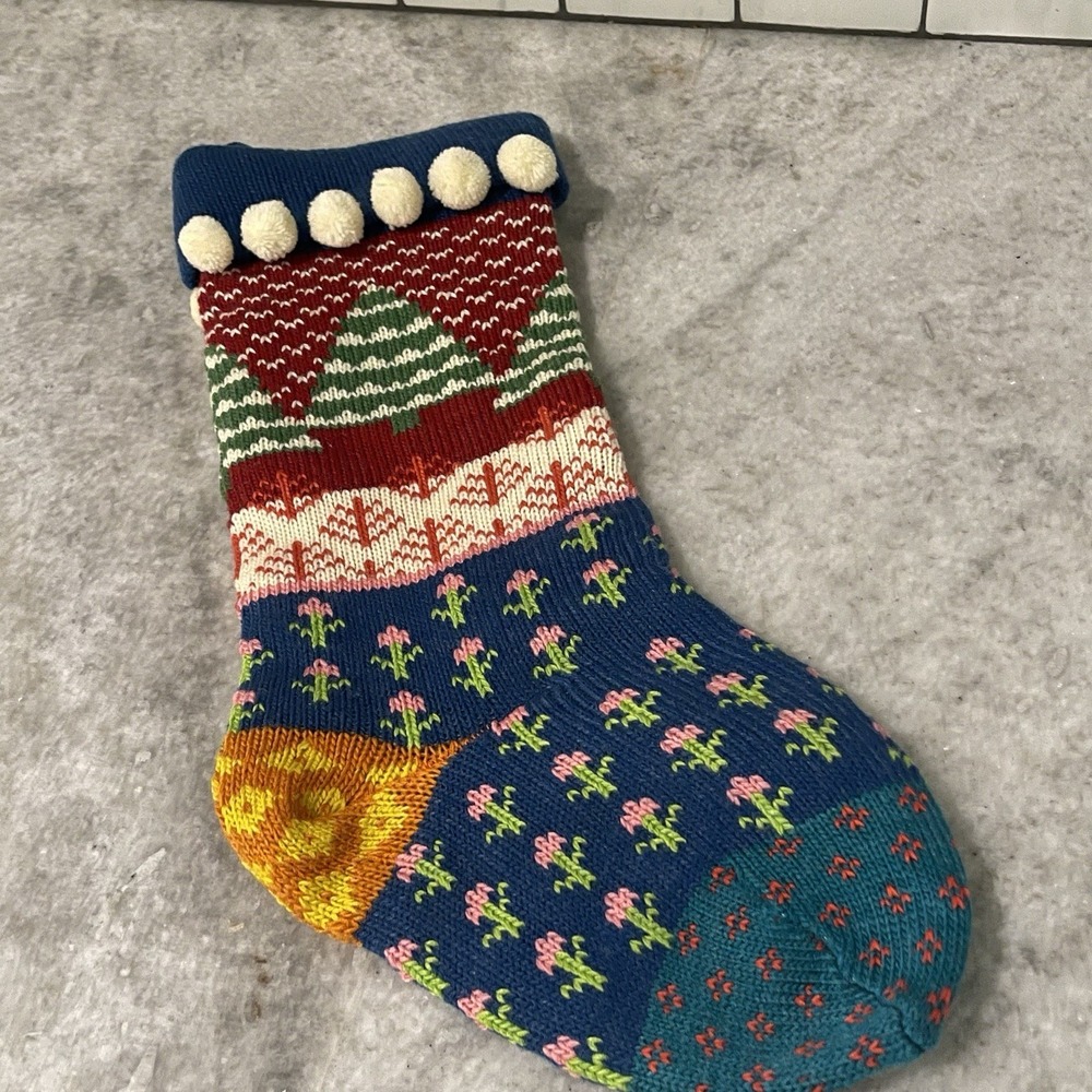 Cottagecore Christmas Stocking Handknitted Floral Tree Wool Retro Holiday